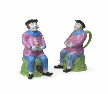 Two Famille Rose Seated Dutchman Flasks